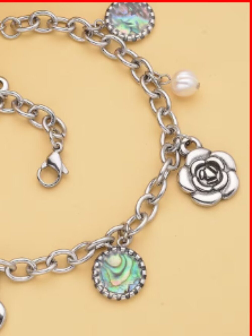 Abalone Shell and Freshwater Pearl Charm Anklet in Black Oxidized Stainless Stee - Picture 4 of 4